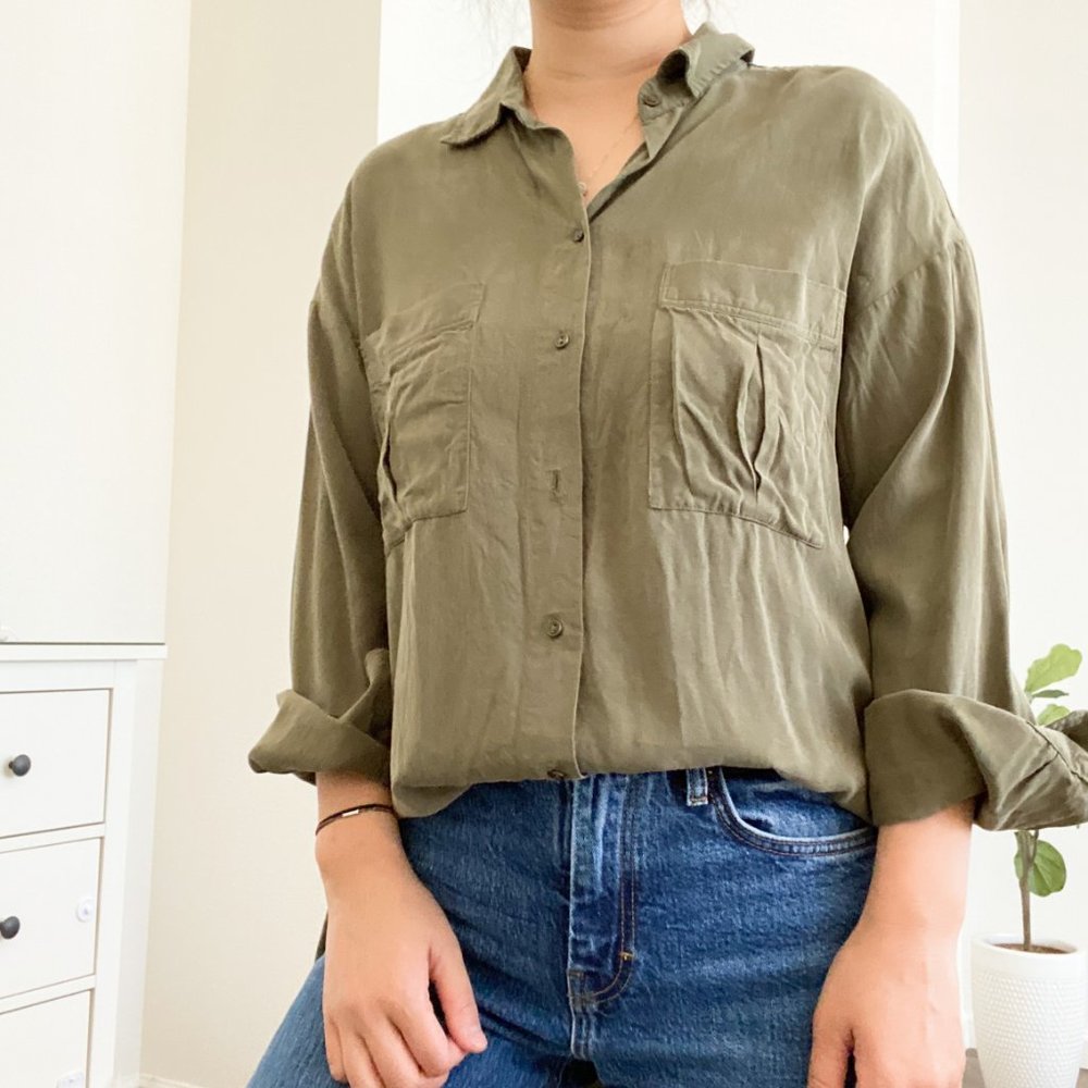 Zara Olive Green Button-up Long Sleeve Shirt - T9